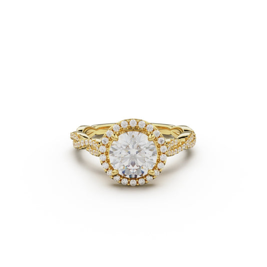 18K Yellow Gold Twisted Halo Diamond Engagement Ring - Circle of Diamond
