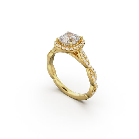 18K Yellow Gold Twisted Halo Diamond Engagement Ring