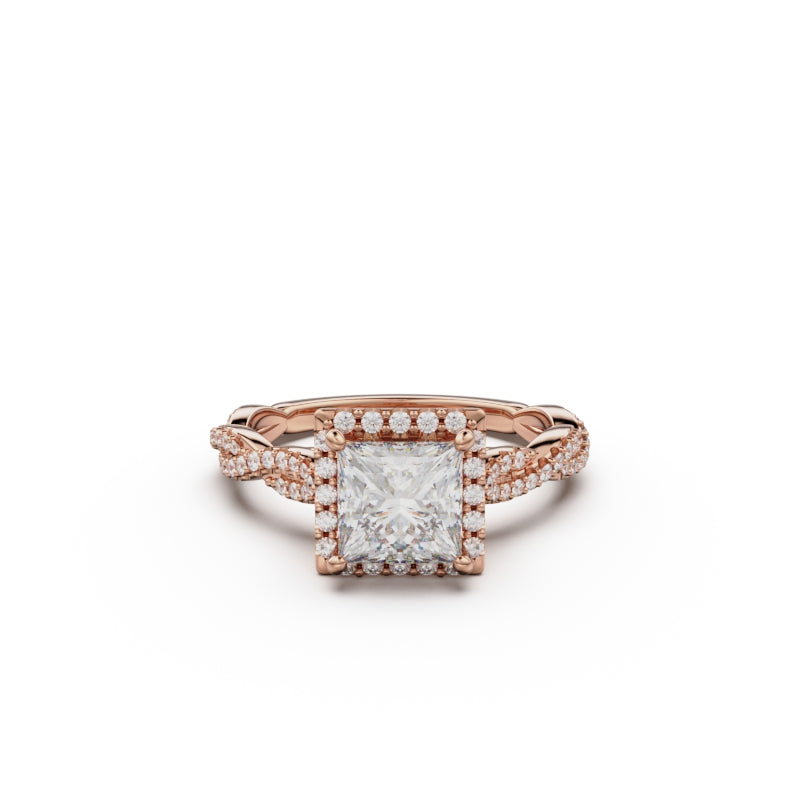 18K Rose Gold Twisted Halo Diamond Engagement Ring - Circle of Diamond